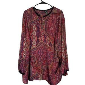 Lauren Ralph Lauren Red Paisley Boho Blouse Women Velour Trim Abstract Top Sz 3X